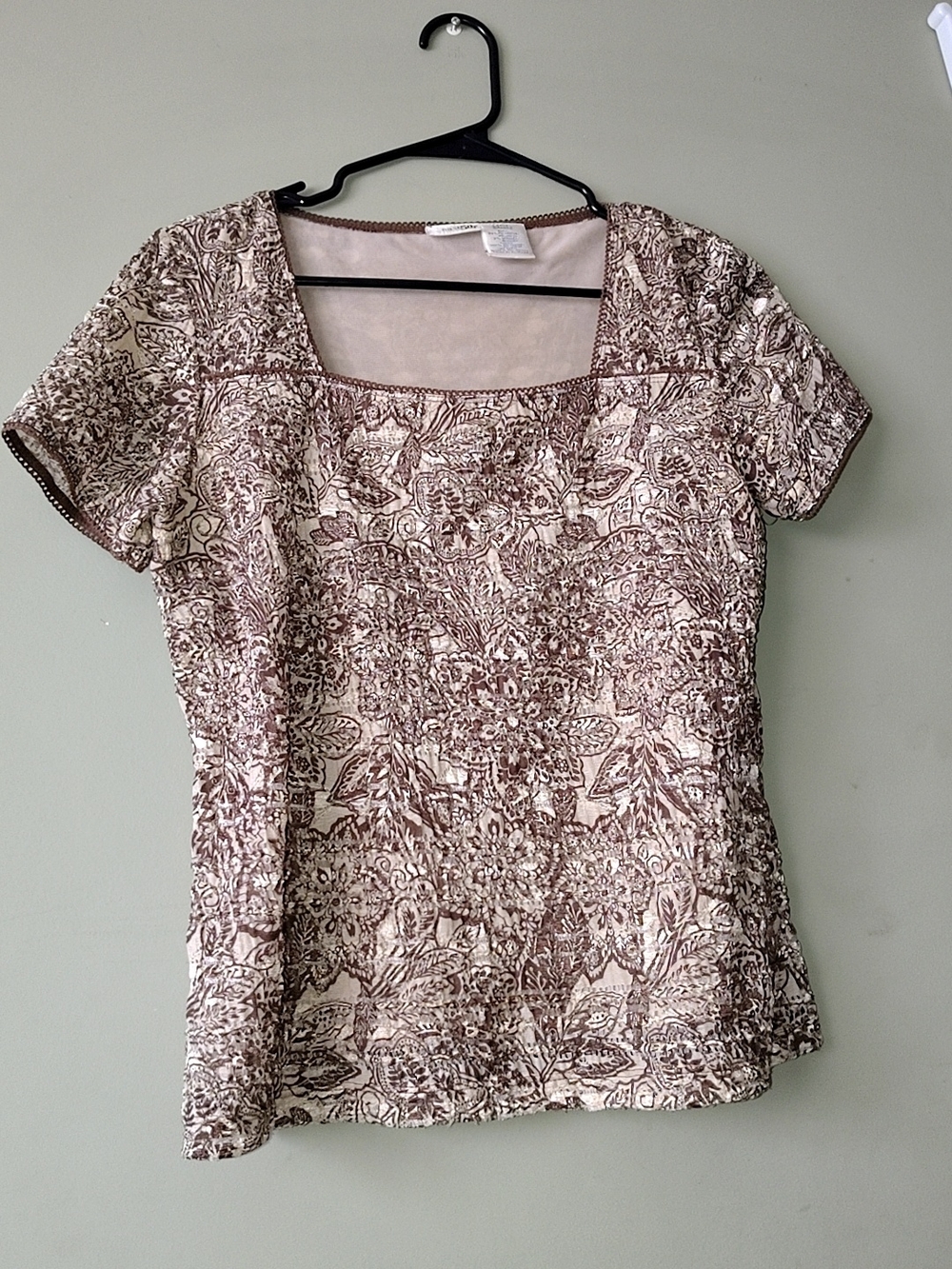 East 5th Brown and Cream Floral Square-Neck Short Sleeve Top